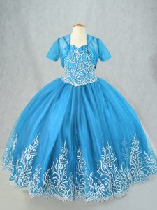 Graceful Baby Blue Tulle Lace Up Spaghetti Straps Sleeveless Floor Length Little Girl Pageant Dress Beading and Embroidery