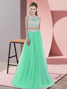 Apple Green Tulle Zipper Quinceanera Court Dresses Sleeveless Floor Length Lace