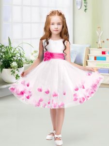 Dazzling White Sleeveless Knee Length Appliques and Belt Zipper Pageant Dress Toddler