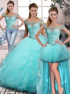 Glamorous Ball Gowns 15 Quinceanera Dress Aqua Blue Off The Shoulder Tulle Sleeveless Lace Up