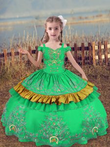 Off The Shoulder Sleeveless Lace Up Kids Pageant Dress Turquoise Satin