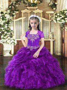 Wonderful Floor Length Purple Little Girls Pageant Dress Straps Sleeveless Lace Up