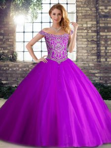 Ideal Purple Sleeveless Tulle Brush Train Lace Up Quinceanera Dresses for Military Ball and Sweet 16 and Quinceanera
