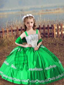 Ball Gowns Girls Pageant Dresses Green Straps Satin Sleeveless Floor Length Lace Up