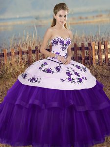 White And Purple Lace Up Quinceanera Gowns Embroidery and Bowknot Sleeveless Floor Length