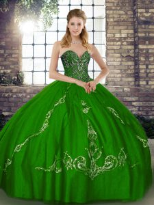 Green Lace Up Sweetheart Beading and Embroidery Quince Ball Gowns Tulle Sleeveless
