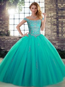 Decent Off The Shoulder Sleeveless Tulle Sweet 16 Quinceanera Dress Beading Lace Up