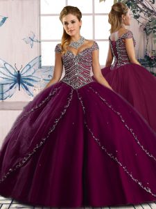 Dramatic Beading Vestidos de Quinceanera Purple Lace Up Cap Sleeves Brush Train