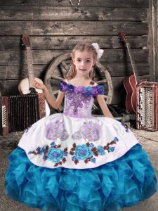 Simple Aqua Blue Organza Lace Up Pageant Dress Sleeveless Floor Length Beading and Embroidery and Ruffles