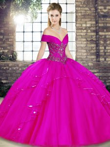 Off The Shoulder Sleeveless Lace Up Sweet 16 Quinceanera Dress Fuchsia Tulle