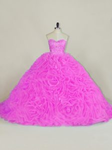 Lilac Ball Gowns Sweetheart Sleeveless Organza Chapel Train Lace Up Beading and Ruffles Quinceanera Gown