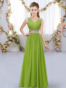 Hot Selling Olive Green Empire Beading and Belt Quinceanera Court of Honor Dress Lace Up Chiffon Sleeveless Floor Length