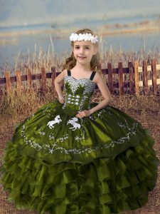 Stylish Olive Green Straps Lace Up Embroidery and Ruffled Layers Pageant Dress Sleeveless