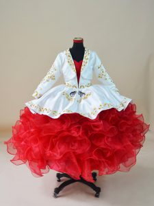 Sweetheart Sleeveless Little Girl Pageant Gowns Floor Length Embroidery and Ruffles White And Red Organza