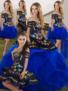 Tulle Off The Shoulder Sleeveless Lace Up Embroidery and Ruffles Vestidos de Quinceanera in Royal Blue