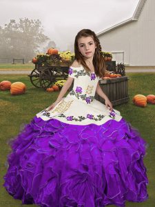 Purple Organza Lace Up Little Girl Pageant Gowns Sleeveless Floor Length Embroidery and Ruffles