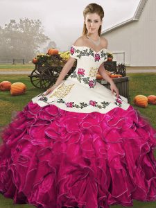 Floor Length Lace Up Quinceanera Dress Fuchsia for Military Ball and Sweet 16 and Quinceanera with Embroidery and Ruffles