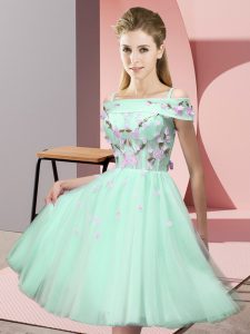 Apple Green Empire Appliques Vestidos de Damas Lace Up Tulle Short Sleeves Knee Length