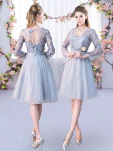 Chic V-neck Long Sleeves Lace Up Court Dresses for Sweet 16 Grey Tulle