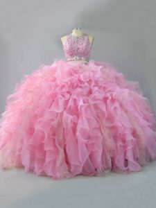 Scoop Sleeveless Lace Up Quince Ball Gowns Pink Organza