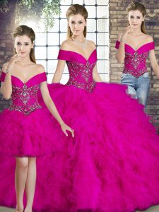 Ideal Fuchsia Tulle Lace Up Quinceanera Gowns Sleeveless Floor Length Beading and Ruffles