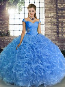 Free and Easy Fabric With Rolling Flowers Off The Shoulder Sleeveless Lace Up Beading Ball Gown Prom Dress in Baby Blue
