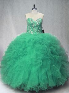 Trendy Sweetheart Sleeveless Quinceanera Dresses Floor Length Beading and Ruffles Green Tulle