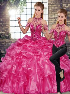 Fuchsia Organza Lace Up Halter Top Sleeveless Floor Length 15th Birthday Dress Beading and Ruffles