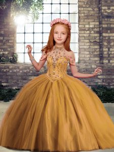 Brown Tulle Lace Up High-neck Sleeveless Floor Length Little Girl Pageant Gowns Beading