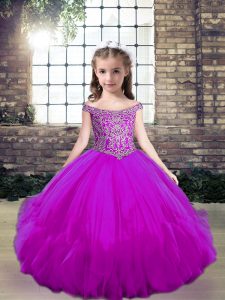 Floor Length Fuchsia Little Girls Pageant Dress Off The Shoulder Sleeveless Lace Up