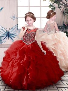 Scoop Sleeveless Zipper Girls Pageant Dresses Red Organza
