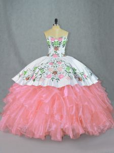 Suitable Pink Sleeveless Floor Length Embroidery and Ruffles Lace Up Quinceanera Dresses