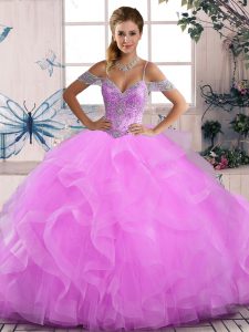 Most Popular Floor Length Lilac Quinceanera Dress Tulle Sleeveless Beading and Ruffles