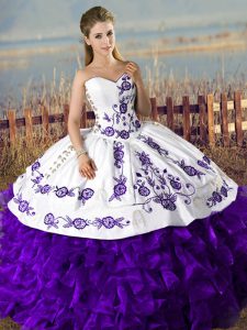 White And Purple Satin and Organza Lace Up Sweetheart Sleeveless Floor Length Quinceanera Gown Embroidery and Ruffles