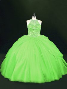 Lace Up Halter Top Beading Quince Ball Gowns Tulle Sleeveless
