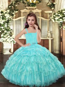 Aqua Blue Organza Lace Up Glitz Pageant Dress Sleeveless Floor Length Ruffled Layers
