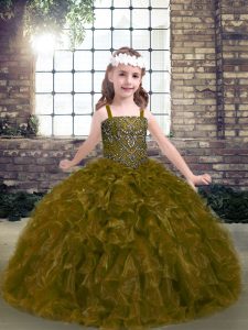 Olive Green Sleeveless Organza Lace Up Little Girls Pageant Dress for Party and Military Ball and Wedding Party