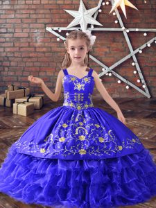 Custom Design Blue Satin and Organza Lace Up Girls Pageant Dresses Sleeveless Floor Length Embroidery and Ruffled Layers