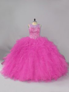 Graceful Fuchsia Lace Up Scoop Beading and Ruffles 15 Quinceanera Dress Lace Sleeveless
