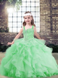 Straps Sleeveless Pageant Gowns For Girls Floor Length Beading and Ruffles Tulle