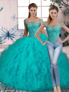 Shining Off The Shoulder Sleeveless Tulle Sweet 16 Dress Beading and Ruffles Brush Train Lace Up