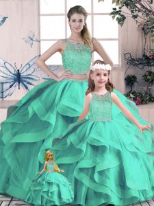Traditional Floor Length Two Pieces Sleeveless Turquoise Quinceanera Dress Lace Up