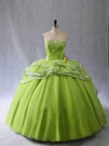 Dramatic Lace Up Quinceanera Dresses Yellow Green for Sweet 16 and Quinceanera with Appliques and Ruffles Brush Train