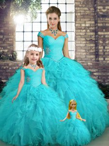 Off The Shoulder Sleeveless Lace Up Quinceanera Gown Aqua Blue Tulle