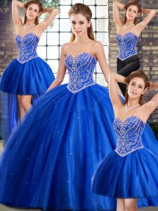 Blue Quince Ball Gowns Tulle Brush Train Sleeveless Beading