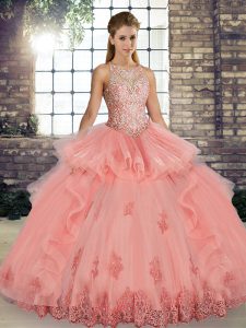 Floor Length Ball Gowns Sleeveless Watermelon Red Quince Ball Gowns Lace Up