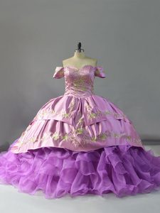 Organza Off The Shoulder Sleeveless Chapel Train Lace Up Beading and Embroidery and Ruffles Vestidos de Quinceanera in Lavender