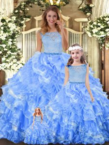Low Price Light Blue Organza Zipper Scoop Sleeveless Floor Length Sweet 16 Dresses Lace and Ruffled Layers
