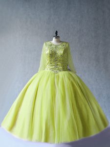 Exquisite Beading Quinceanera Gown Yellow Green Lace Up Long Sleeves Floor Length