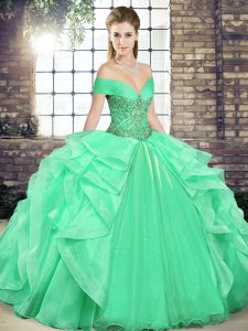 Apple Green Lace Up Vestidos de Quinceanera Beading and Ruffles Sleeveless Floor Length